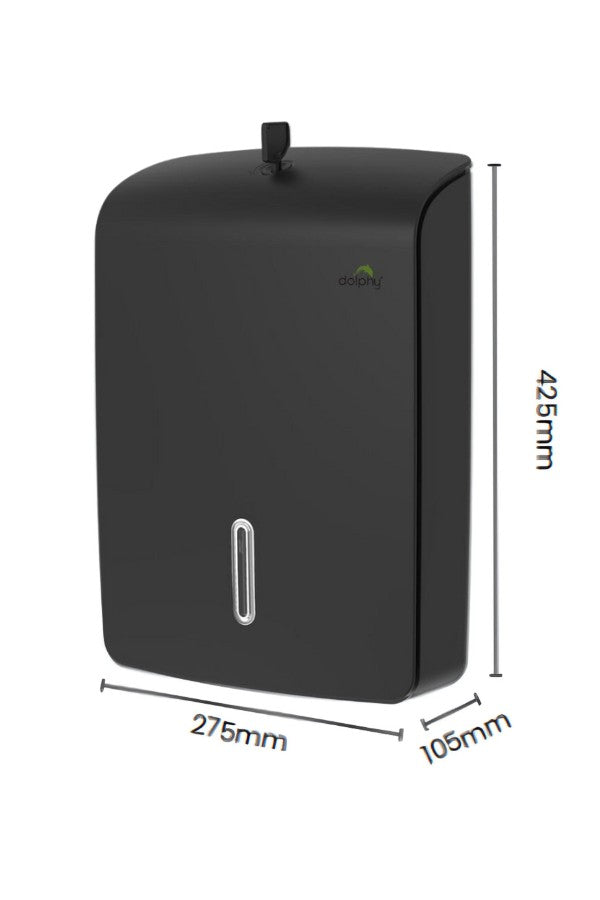 Dolphy black ultraslim paper towel dispenser dimensions: 425 mm high, 275 mm wide, 105 mm deep