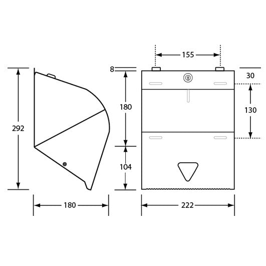 Dolphy lockable roll towel dispenser dimensions: 292 mm high, 222 mm wide, 180 mm deep