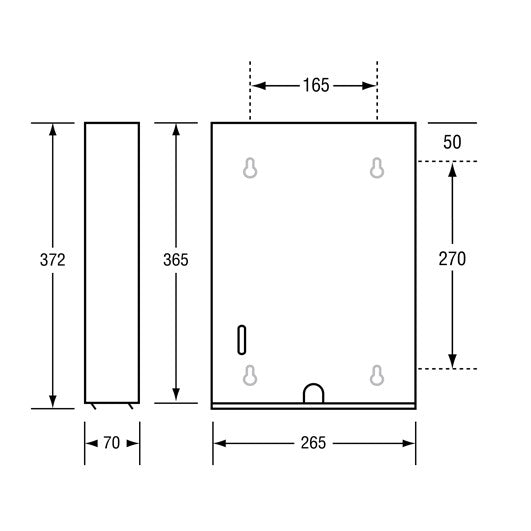 Dolphy lockable towel dispenser drawing: 372 mm high, 265 mm wide, 70 mm deep
