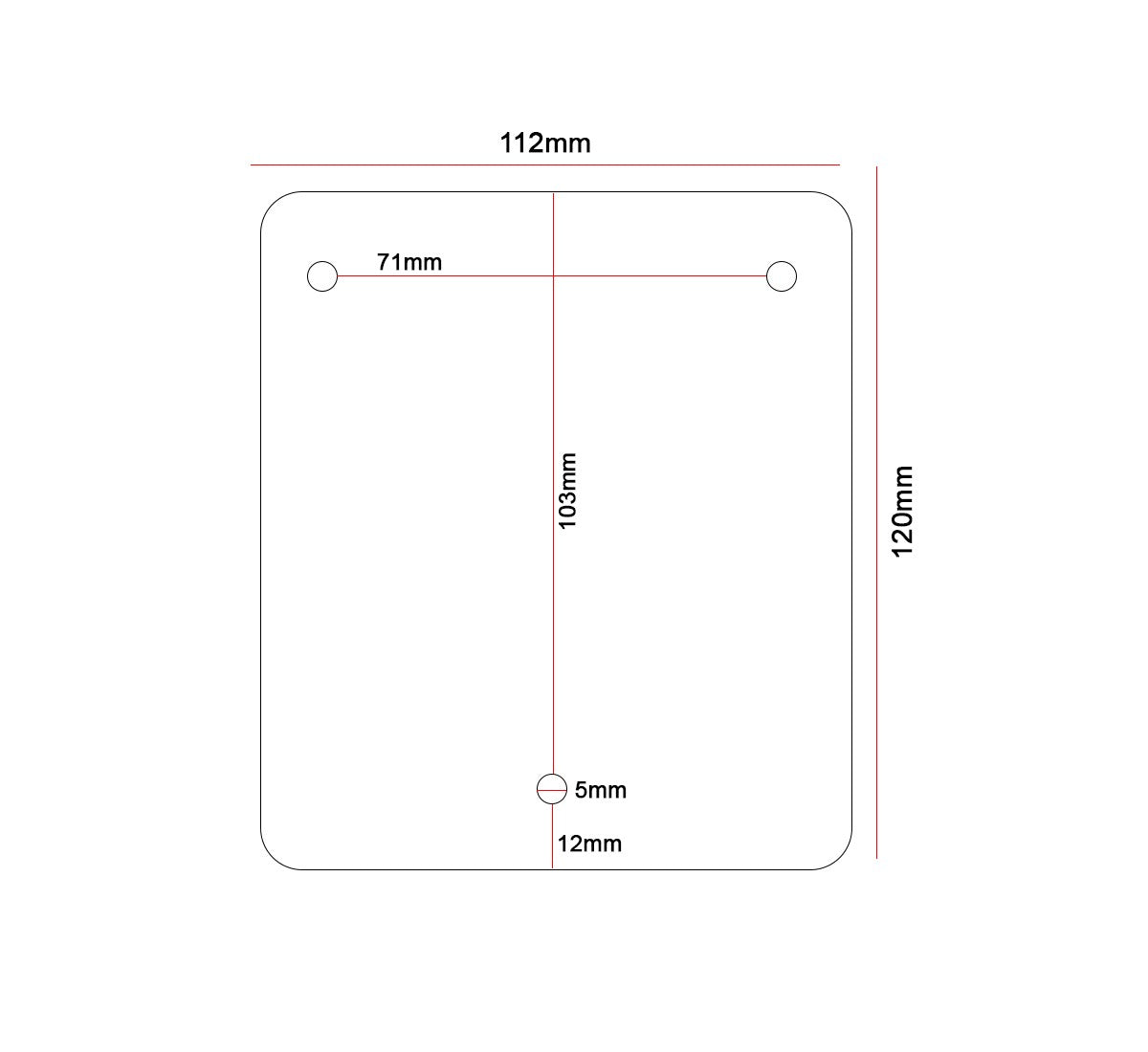 Dolphy hair dryer wall plate drawing: 112 x 120 mm, fixing holes 71 mm apart