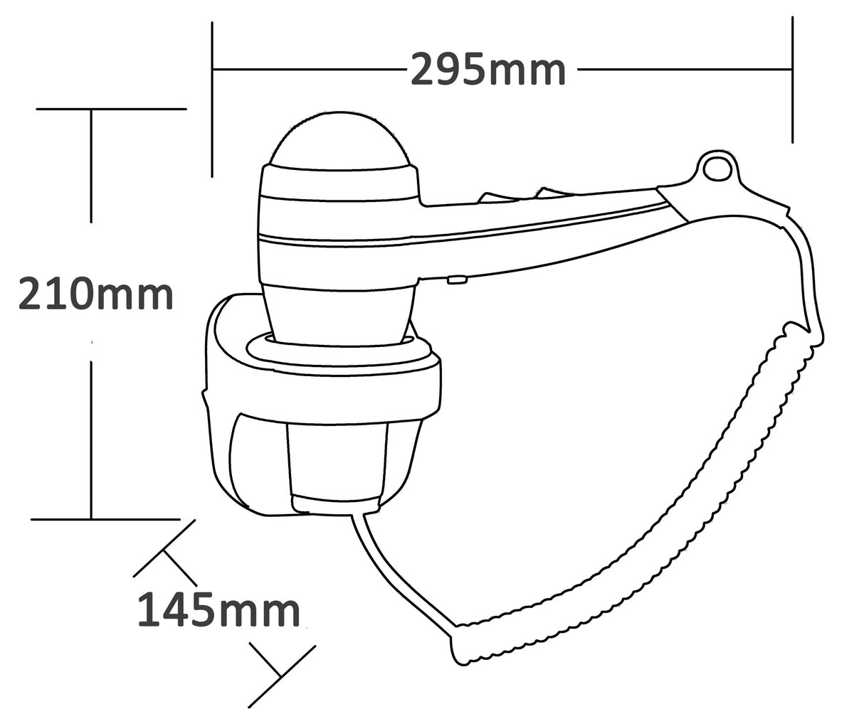 Dolphy wall-mounted hair dryer drawing: 295 mm long, 210 mm high, 145 mm deep