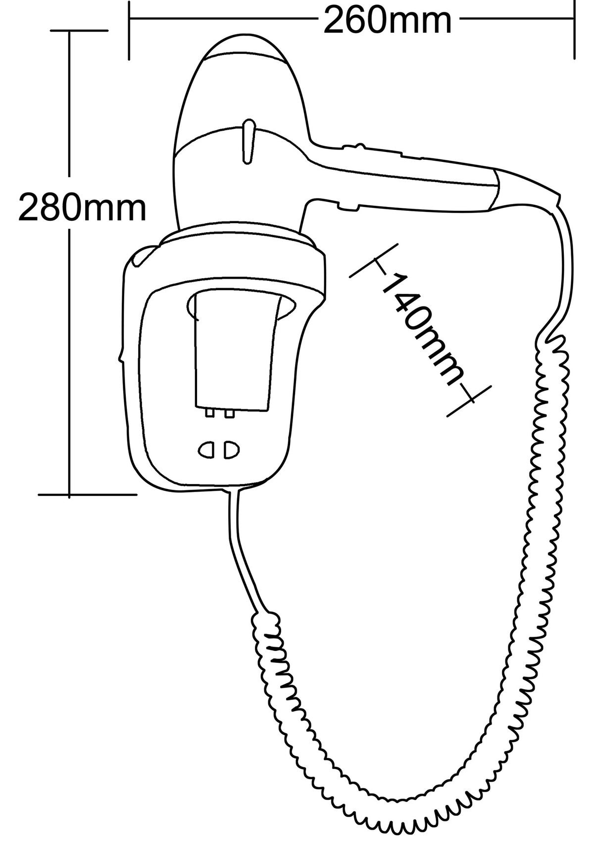 Dolphy black wall-mounted hair dryer diagram: 280 mm high, 260 mm wide, 140 mm holder depth