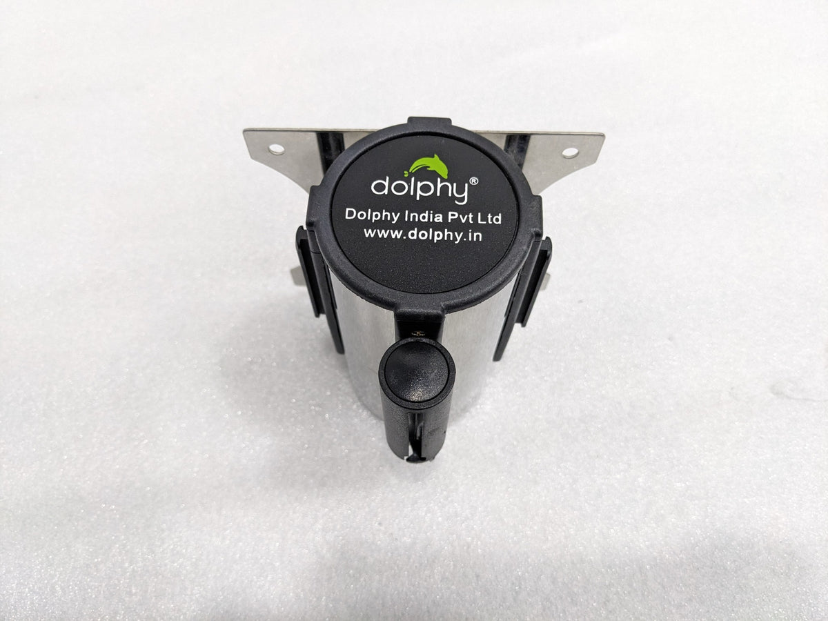 Dolphy wall-mounted retractable queue belt cassette, top view showing the Dolphy cap