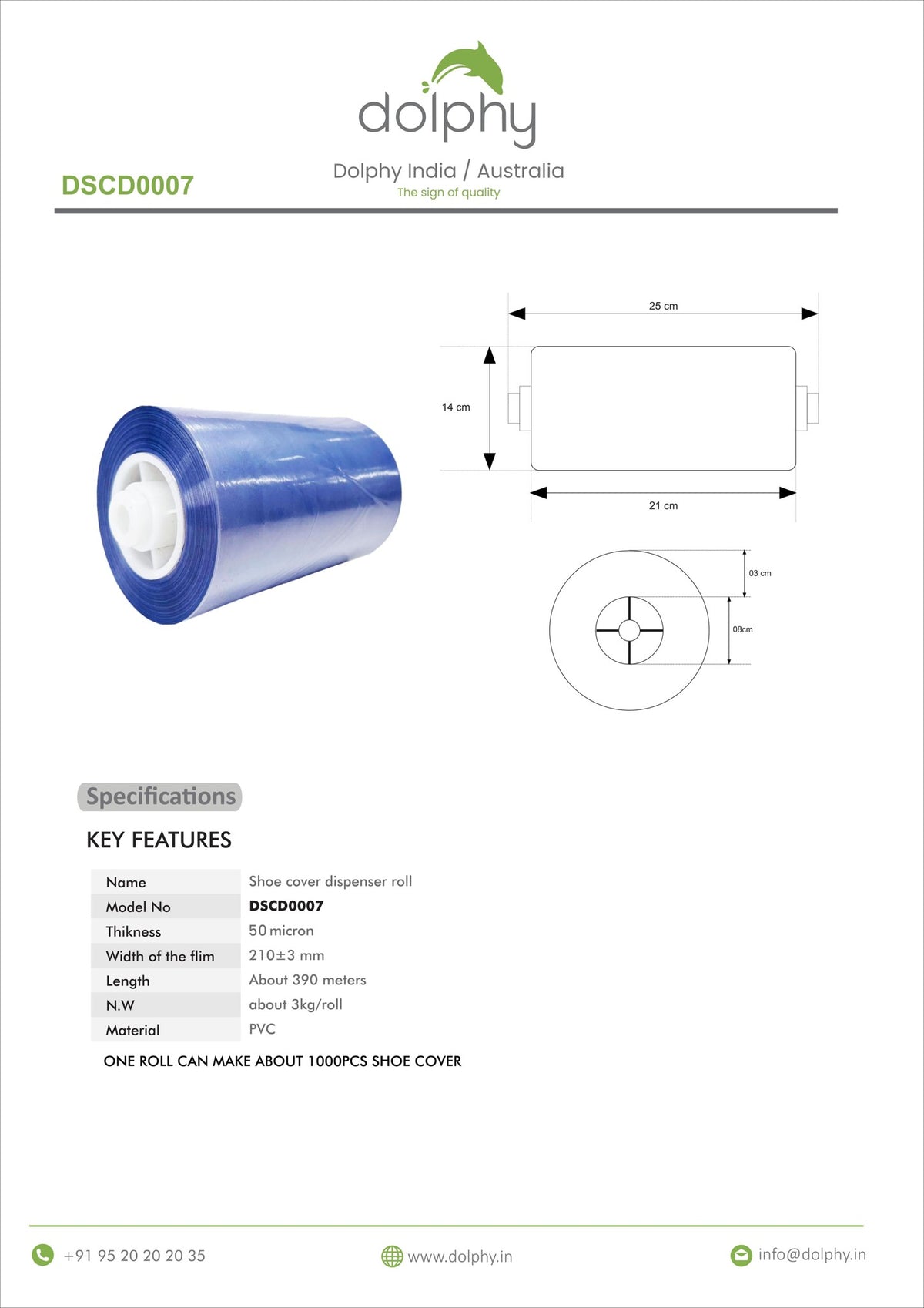 Dolphy DSCD0007 PVC film specification sheet with roll drawing and key features