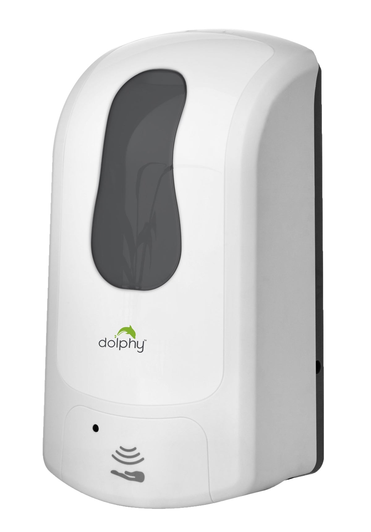 Dolphy white touch-free 1000ml soap and sanitiser dispenser, angled view