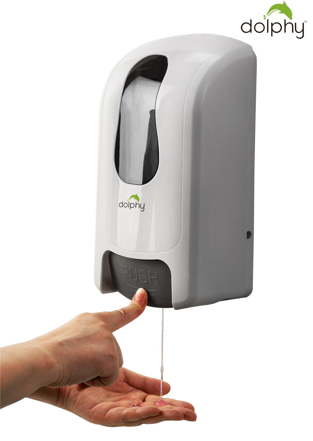 Hand pressing the PUSH panel of the Dolphy 1000ml white soap dispenser