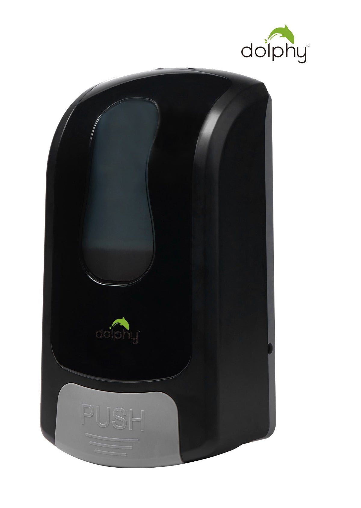 Dolphy black manual foam soap dispenser with grey PUSH panel, angled view