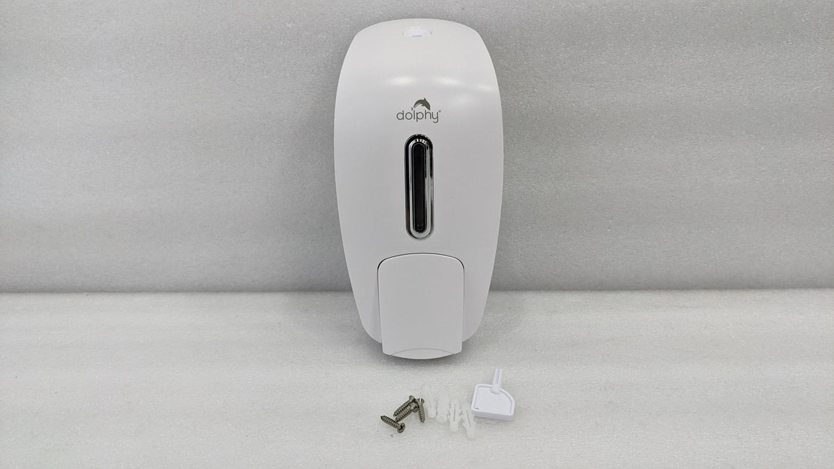 Dolphy 800ml manual soap dispenser with its key, screws and wall plugs