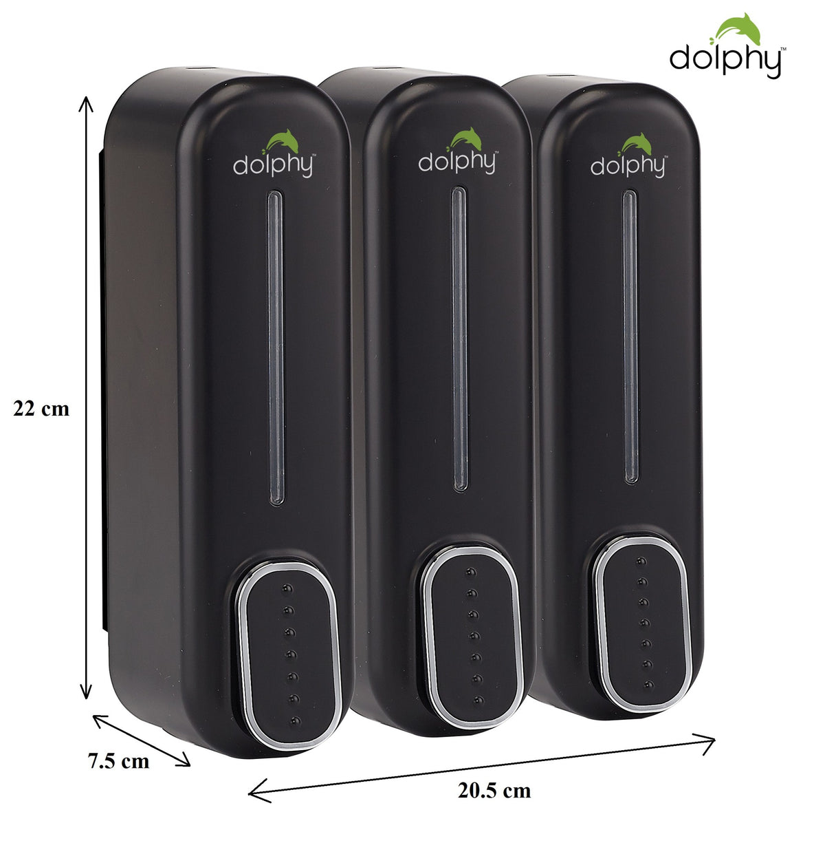Dolphy triple soap dispenser dimensions: 22 cm high, 20.5 cm wide, 7.5 cm deep
