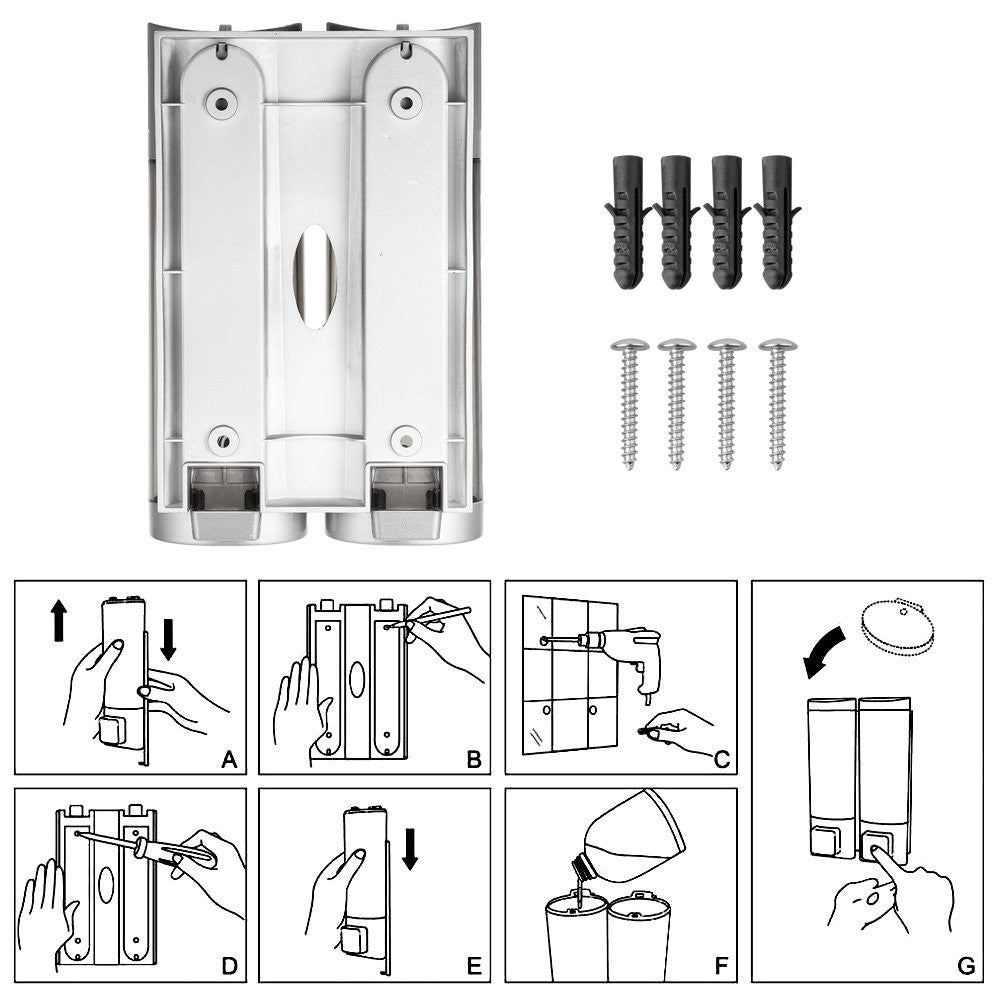 Dolphy double soap dispenser back plate, fixings and step-by-step installation drawings