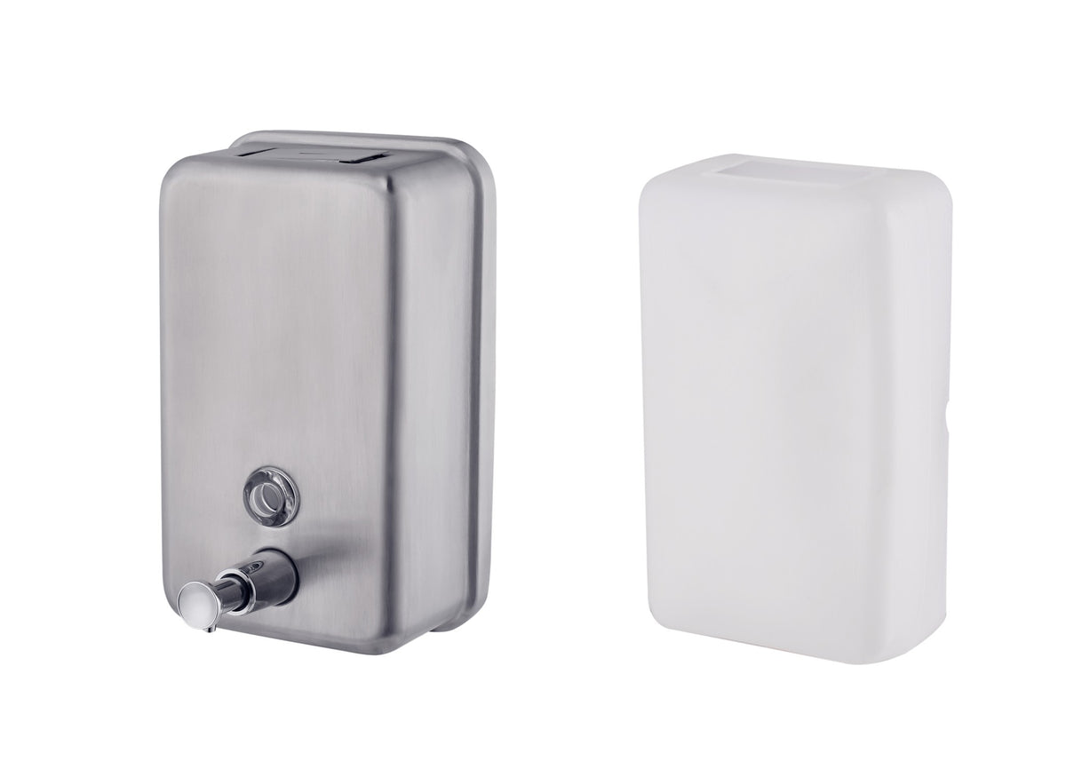Dolphy stainless steel soap dispenser beside its refill bottle