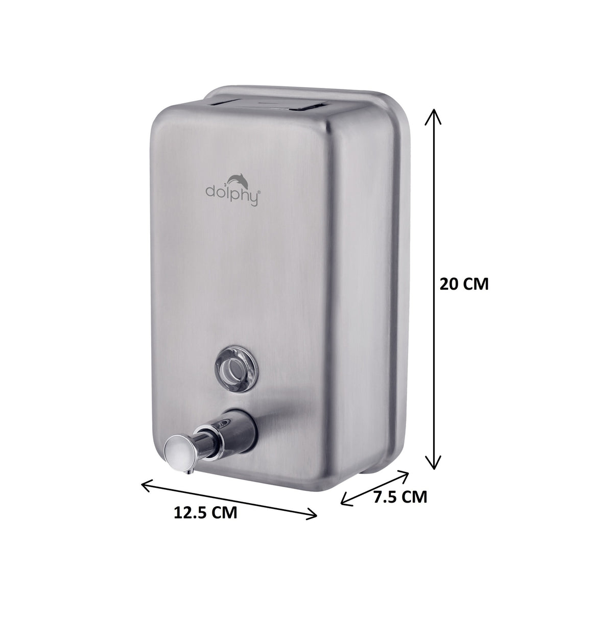 Dolphy stainless steel soap dispenser dimensions: 20 cm high, 12.5 cm wide, 7.5 cm deep