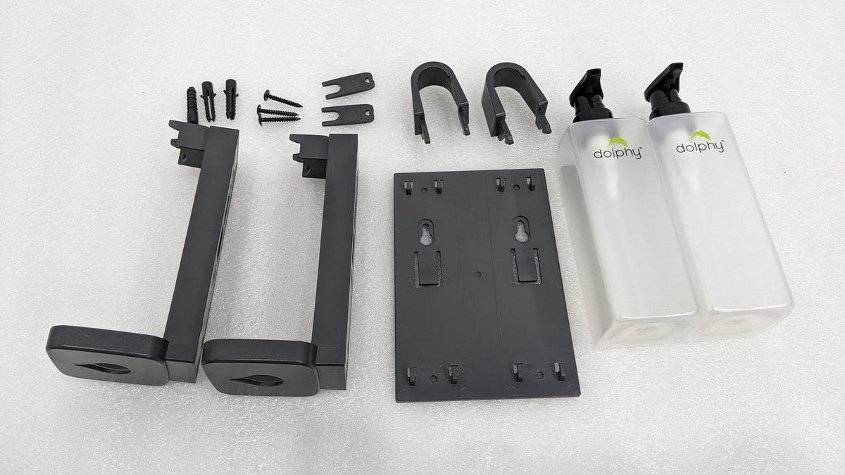 Dolphy double soap dispenser parts: two bottles, pumps, wall plate and brackets