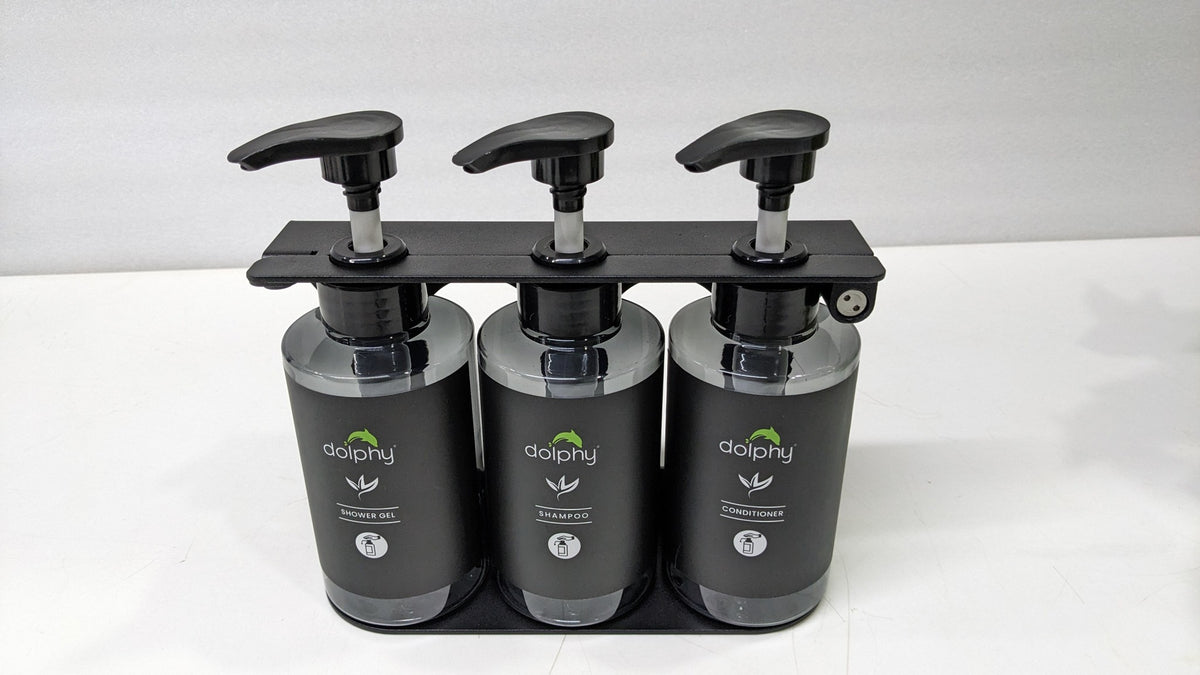 Dolphy triple 300ml pump dispenser set in a black steel wall bracket