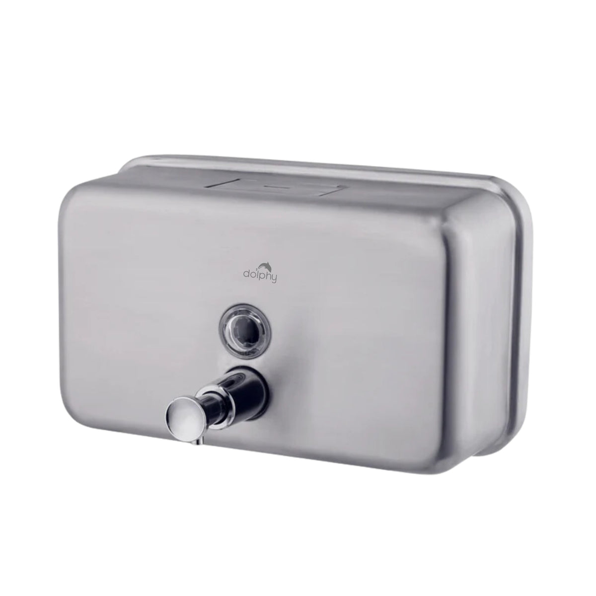 Dolphy 1200ml brushed stainless steel horizontal soap dispenser, angled view
