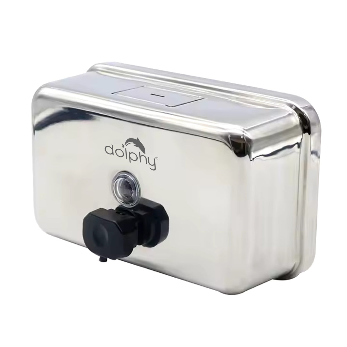 Dolphy 1200ml stainless steel soap dispenser with black push button, angled view