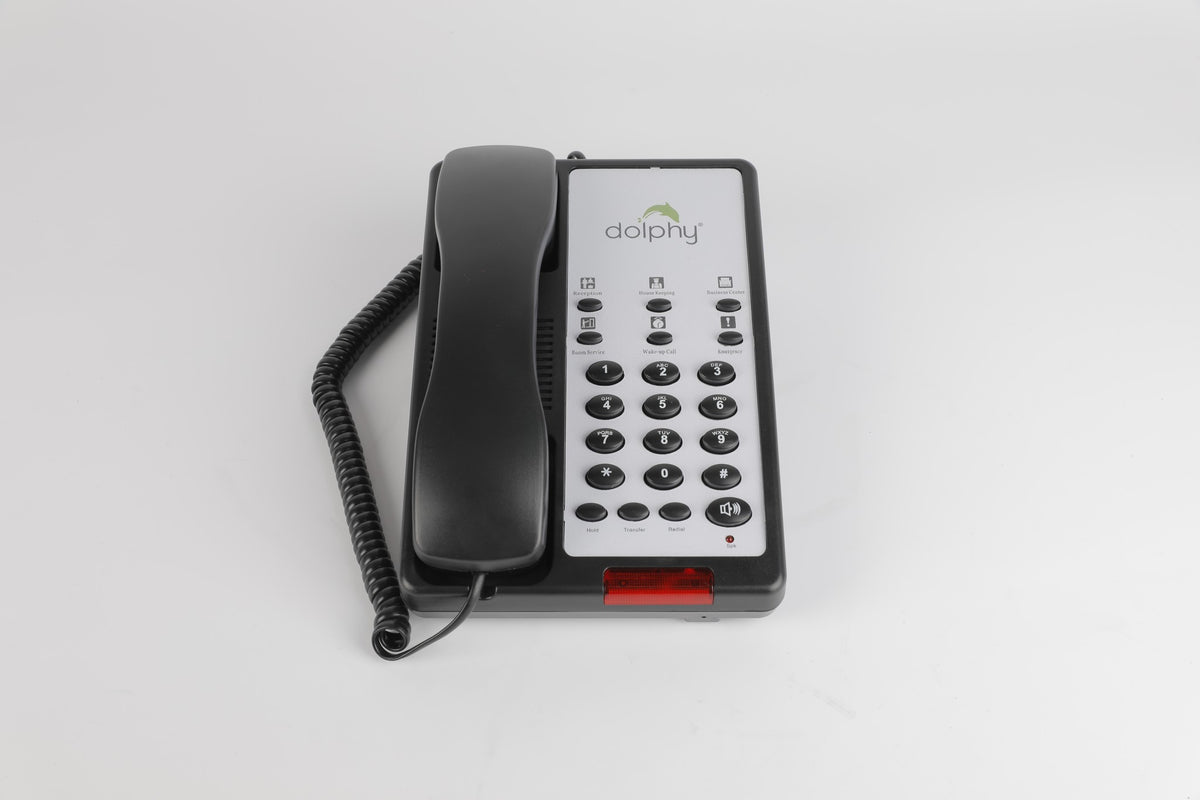 Dolphy black hotel telephone, top view of the keypad and handset