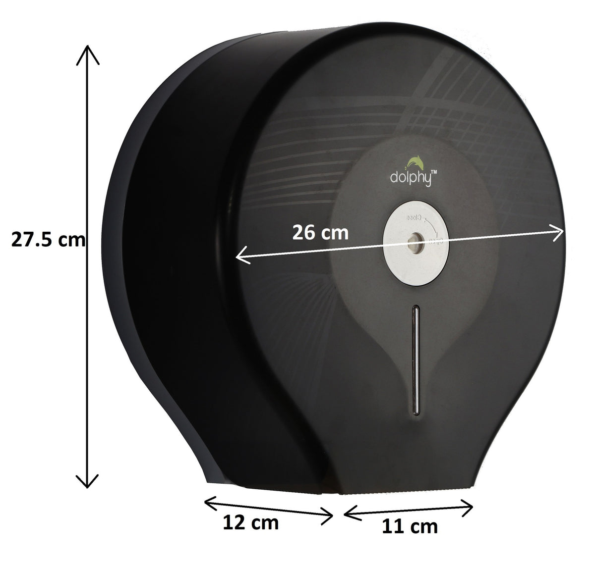 Dolphy jumbo toilet roll dispenser dimensions: 27.5 cm high, 26 cm wide, 12 cm deep