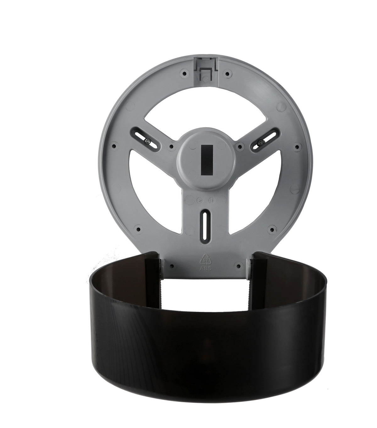 Dolphy jumbo toilet roll dispenser opened, showing the grey back plate and roll spindle