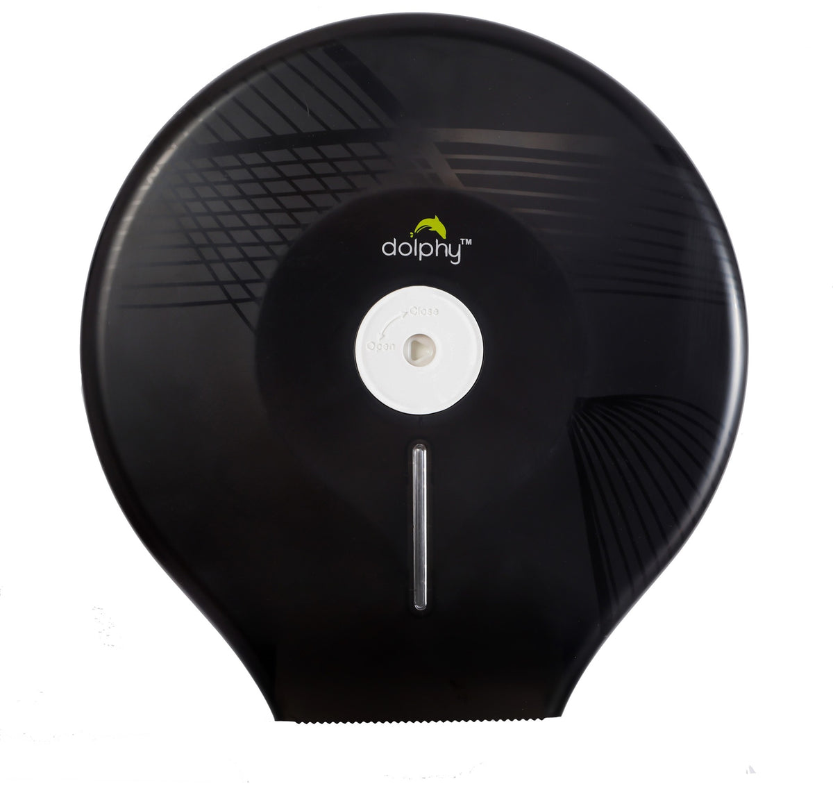Dolphy black jumbo toilet roll dispenser, straight-on front view with lock and roll window