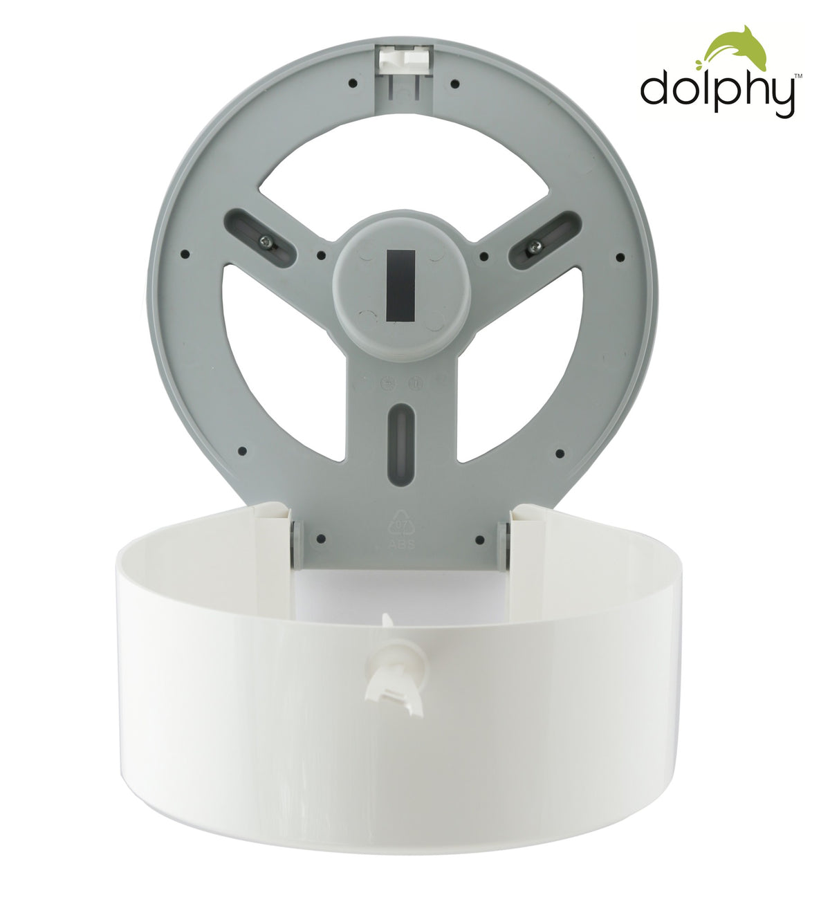 Dolphy white jumbo toilet roll dispenser opened, showing the grey back plate and spindle