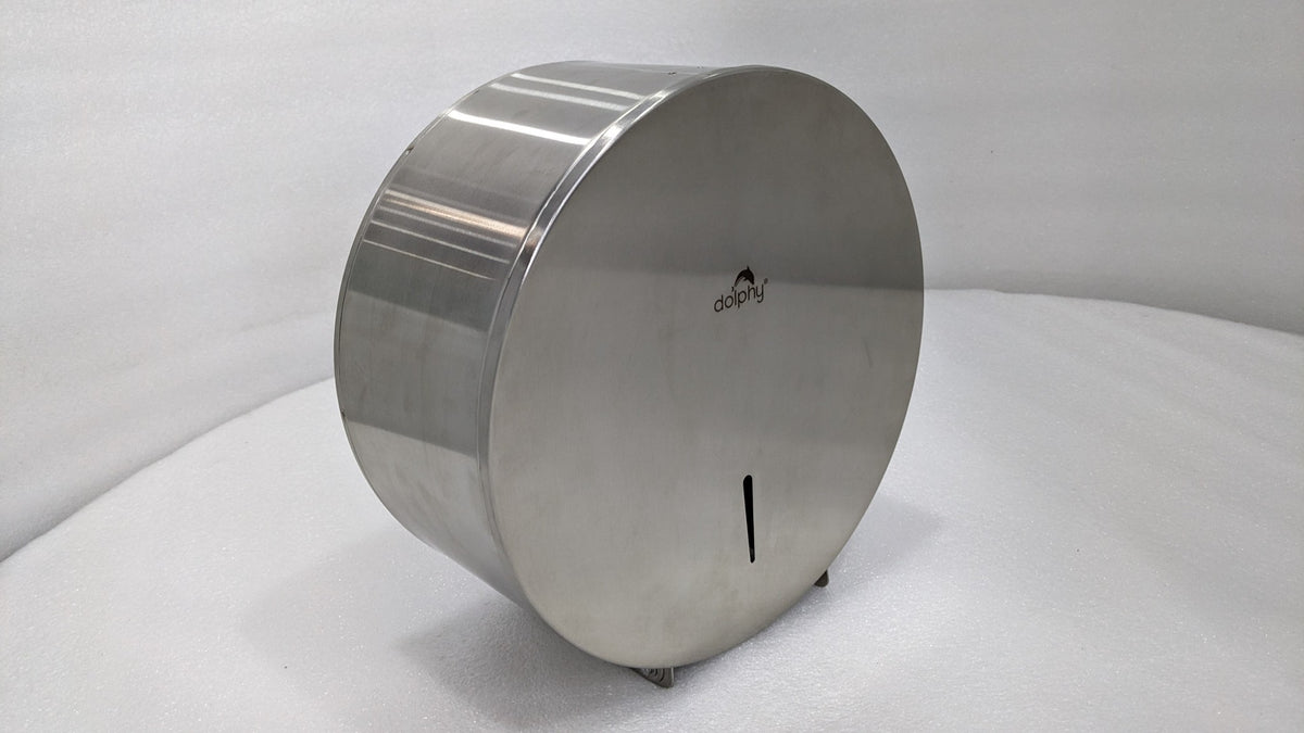 Dolphy brushed stainless steel jumbo toilet roll dispenser, angled real photo