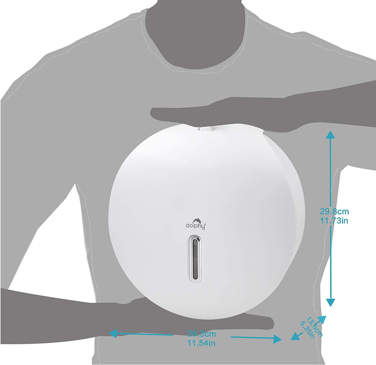 Dolphy white jumbo roll dispenser shown against a person for scale, about 29.8 cm across