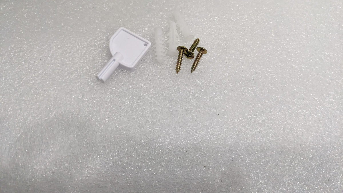 Key, screws and wall plugs supplied with the Dolphy jumbo toilet roll dispenser