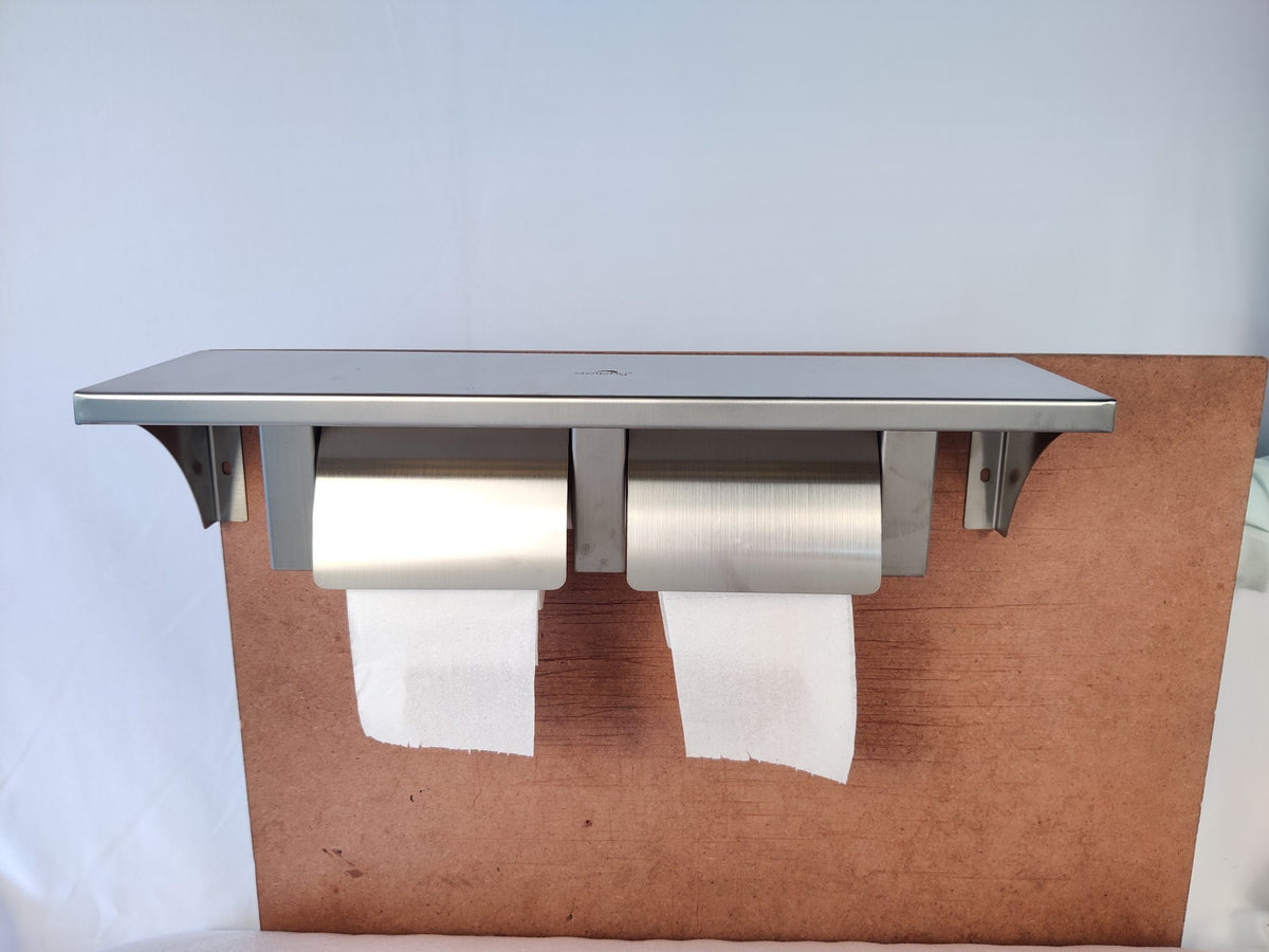 Dolphy stainless steel twin toilet roll holder with shelf, mounted with two rolls fitted