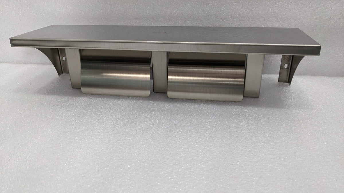 Dolphy brushed stainless steel twin roll holder with shelf, front view