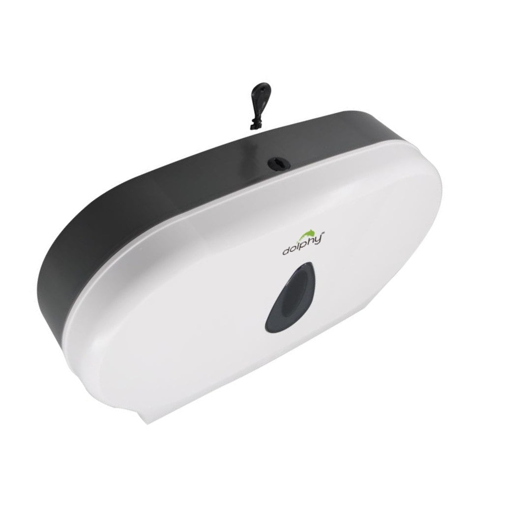 Dolphy white twin jumbo toilet roll dispenser, angled view showing the lock and key on top