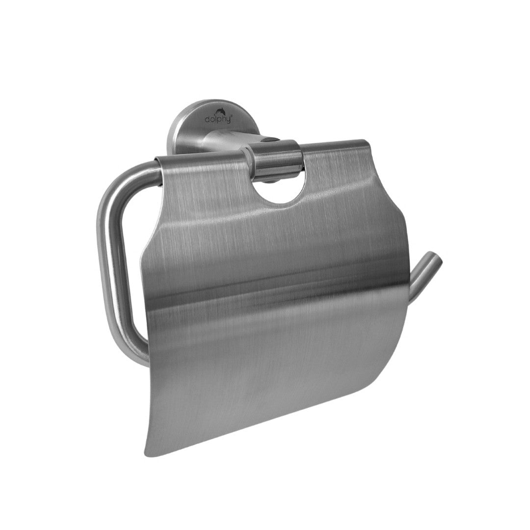Dolphy stainless steel toilet roll holder with cover, angled view