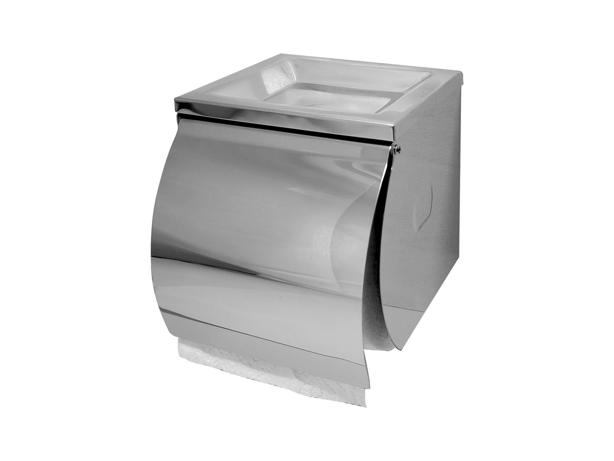 Dolphy stainless steel toilet roll holder with flat top shelf, angled view