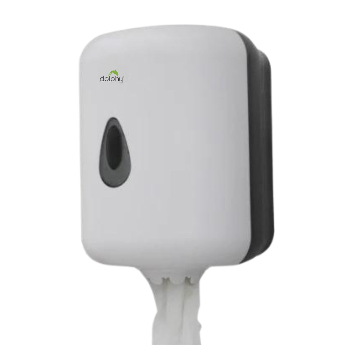 Dolphy white centre-pull toilet paper dispenser with paper at the outlet