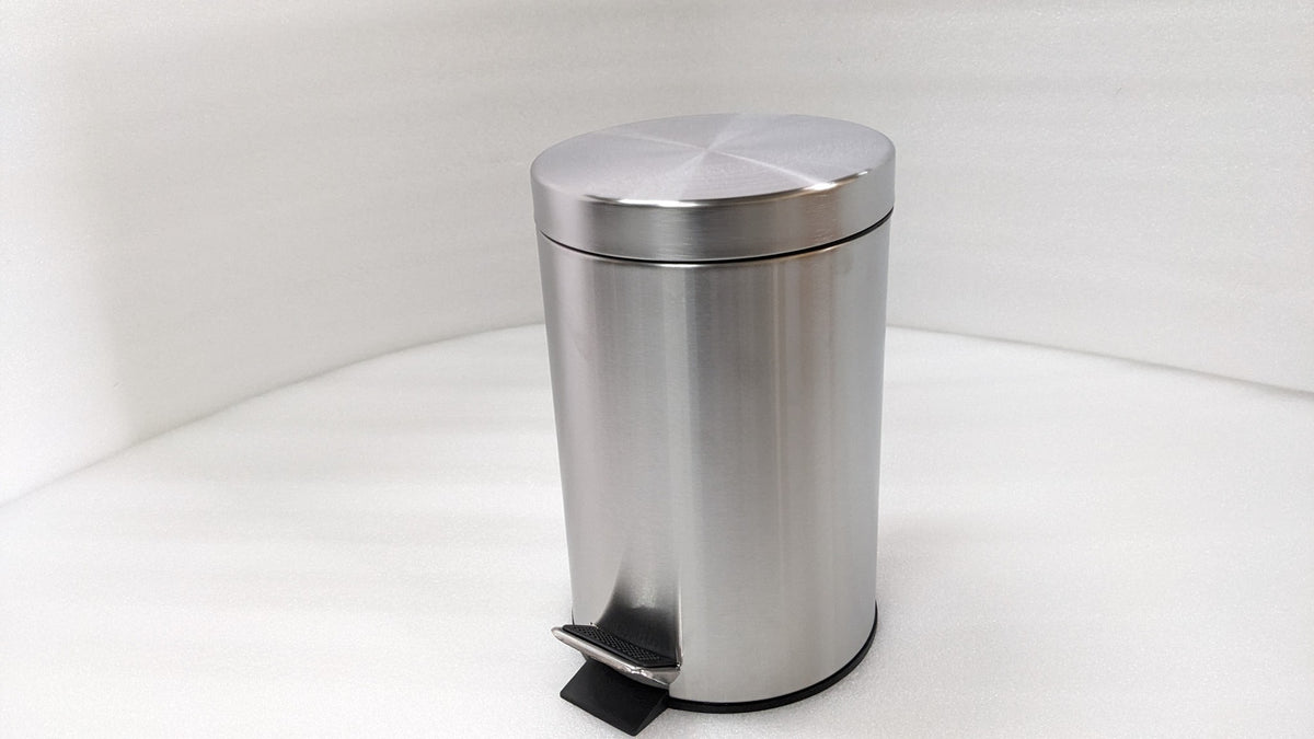Dolphy 3L stainless steel round pedal bin, front view with foot pedal