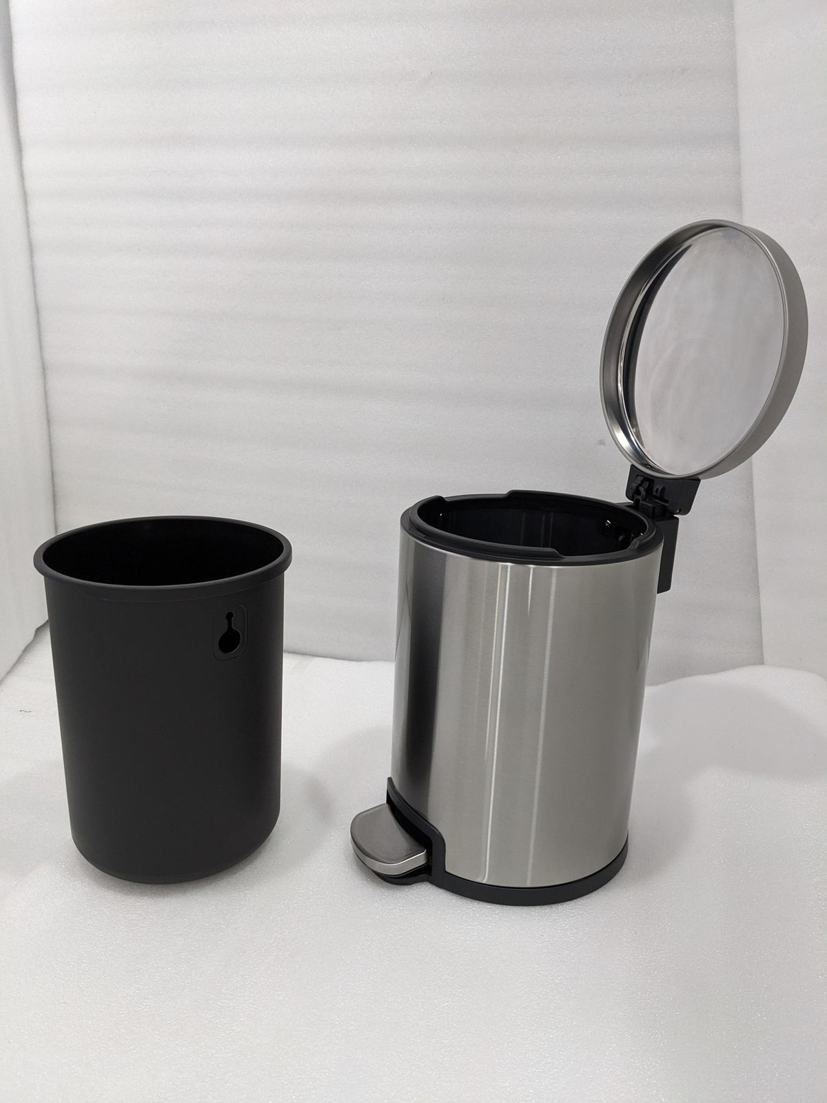 Dolphy 6L pedal bin with the lid open beside its removable black inner bucket