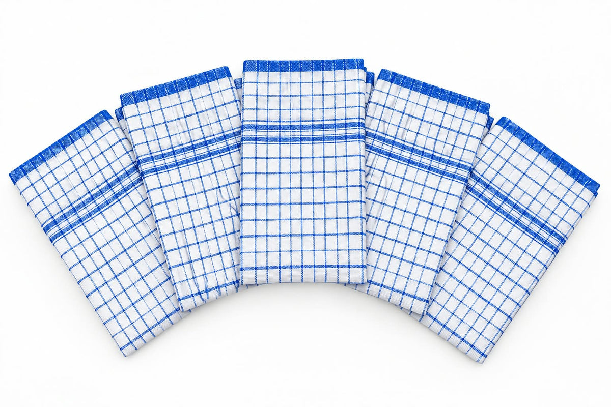Dolphy Linen blue check cotton tea towels, fanned out