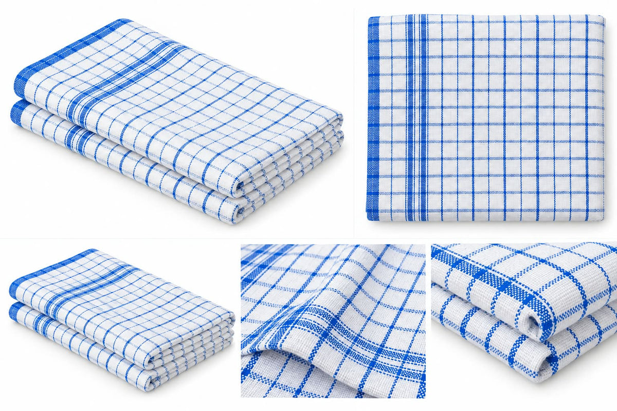 Dolphy Linen blue check cotton tea towels, folded, with weave close-ups