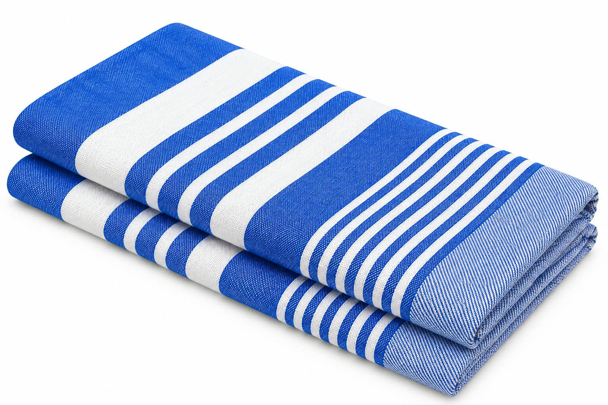 Dolphy Linen blue stripe cotton tea towels, folded