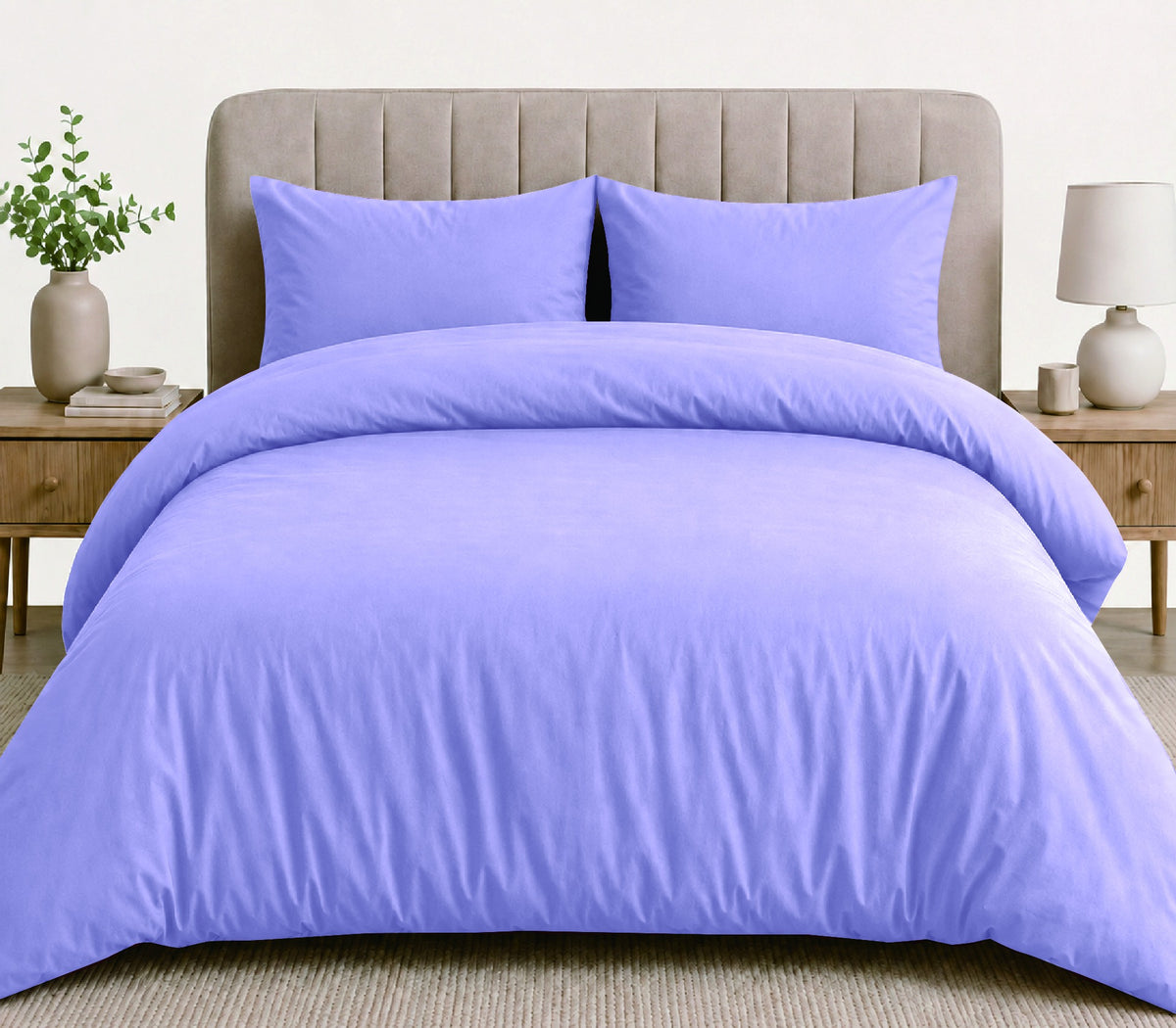 LinenCart lavender brushed microfibre quilt cover set on a made bed