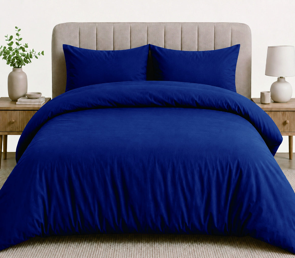 LinenCart navy brushed microfibre quilt cover set on a made bed