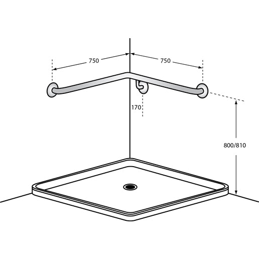 Dolphy Corner Wall Flush Mount Shower Grab Rail LH 750x750mm – Stainless Steel Bathroom Safety Bar – Silver
