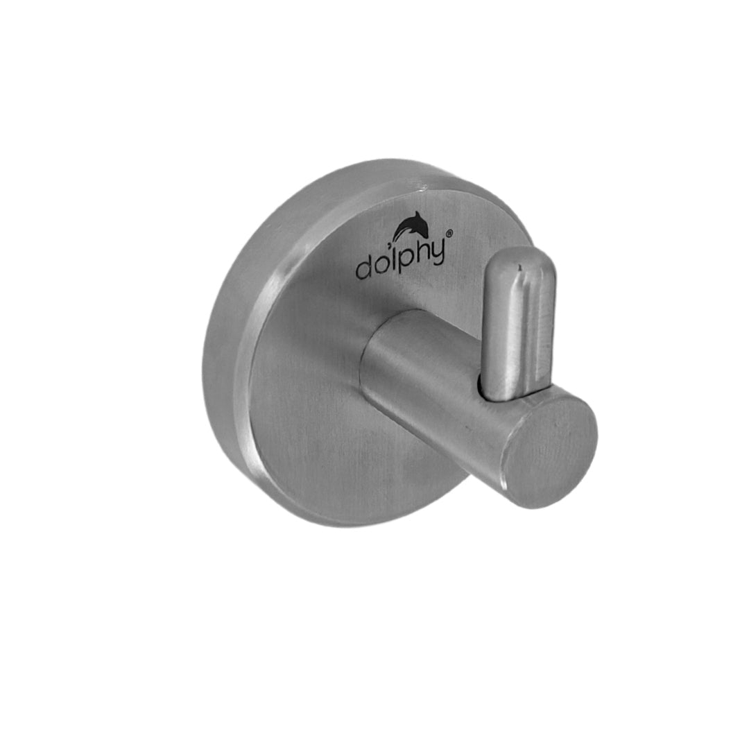 Dolphy Stainless Steel Single Robe Hook – Brushed Finish, Wall Mounted Bathroom Hook for Robes, Towels, Clothes & Accessories – Durable & Sleek Design