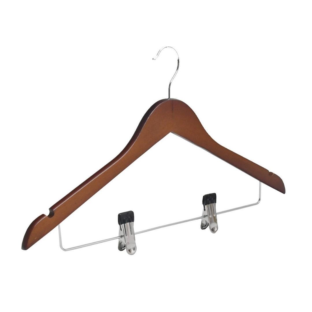 Dolphy Standard Wooden Clothes Hanger with Clips – Pack of 50, Brown Timber Finish, Non-Slip Bar, Secure Metal Clips for Pants & Skirts