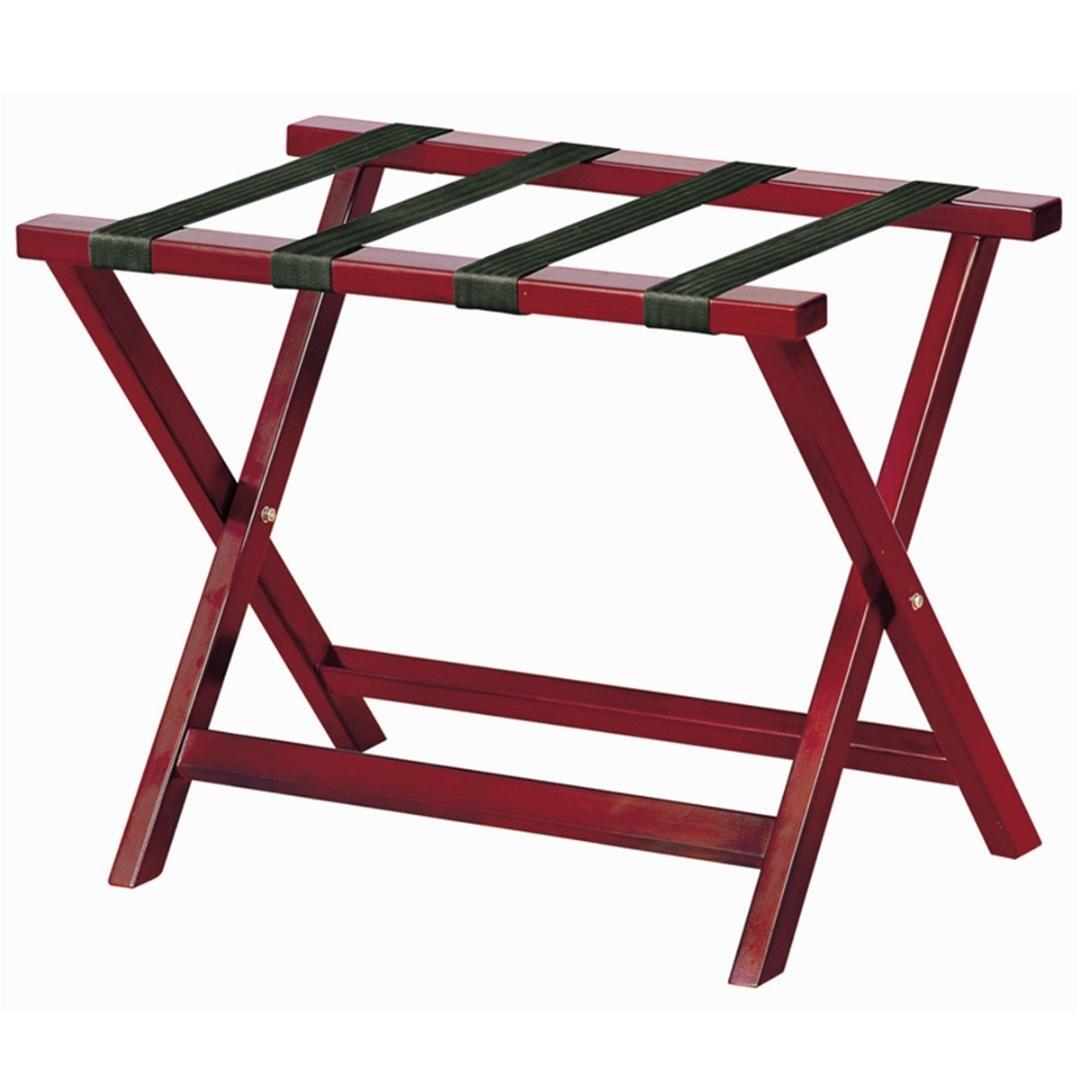 Dolphy Wooden Foldable Luggage Rack – Oak Frame with Cherry Red Finish, Heavy-Duty Nylon Straps, Wall-Protecting Felt Backing