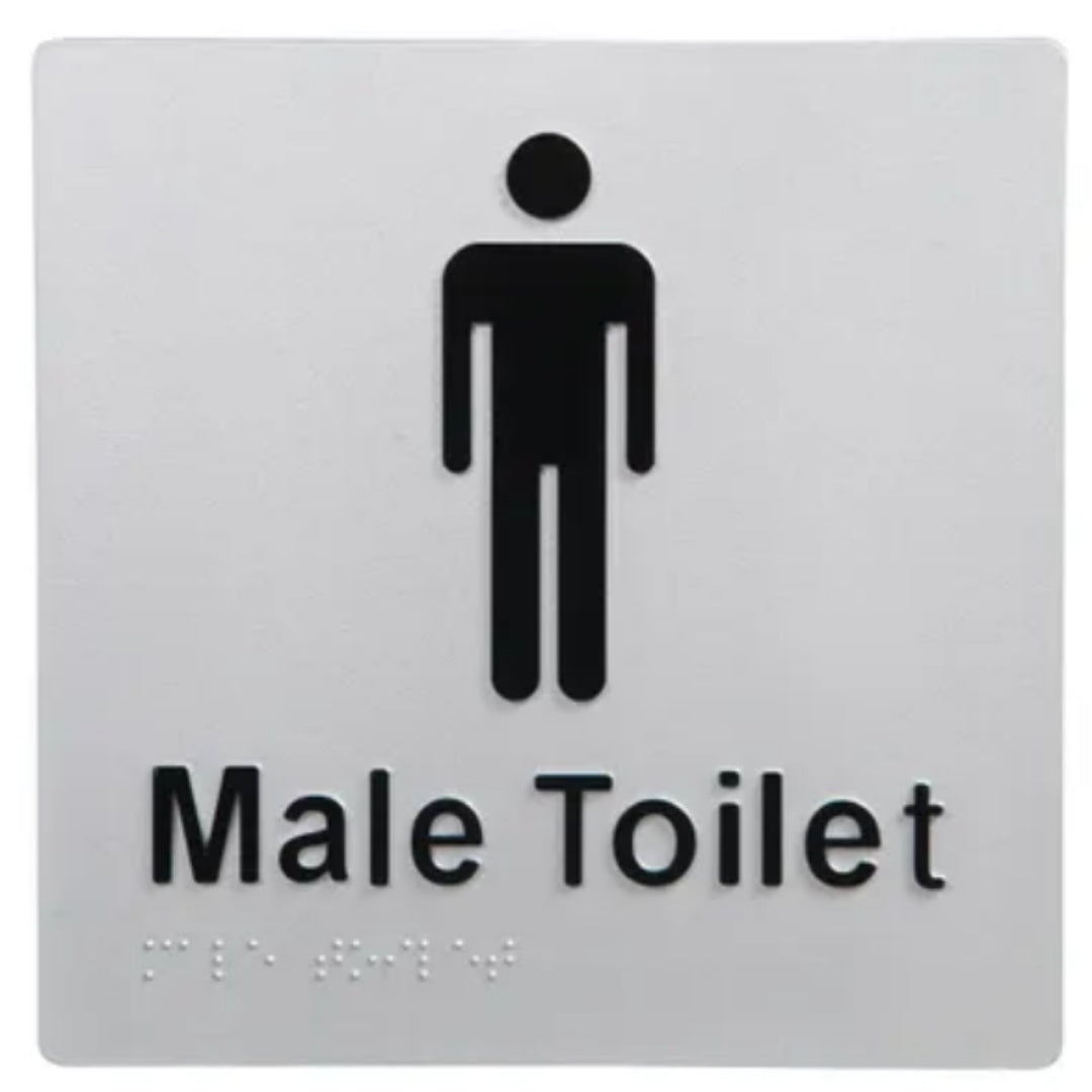 Dolphy UV Protected PVC Male Toilet Braille Sign 180x180x3mm – Silver & Black, AS1428 Compliant, Tactile Accessible Sign