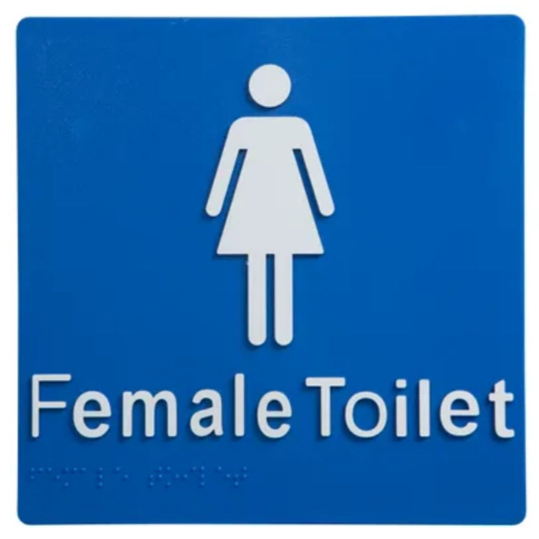 Dolphy UV Protected PVC Female Toilet Braille Sign 180x180x3mm – Blue & White, AS1428 Compliant, Accessible Tactile Sign
