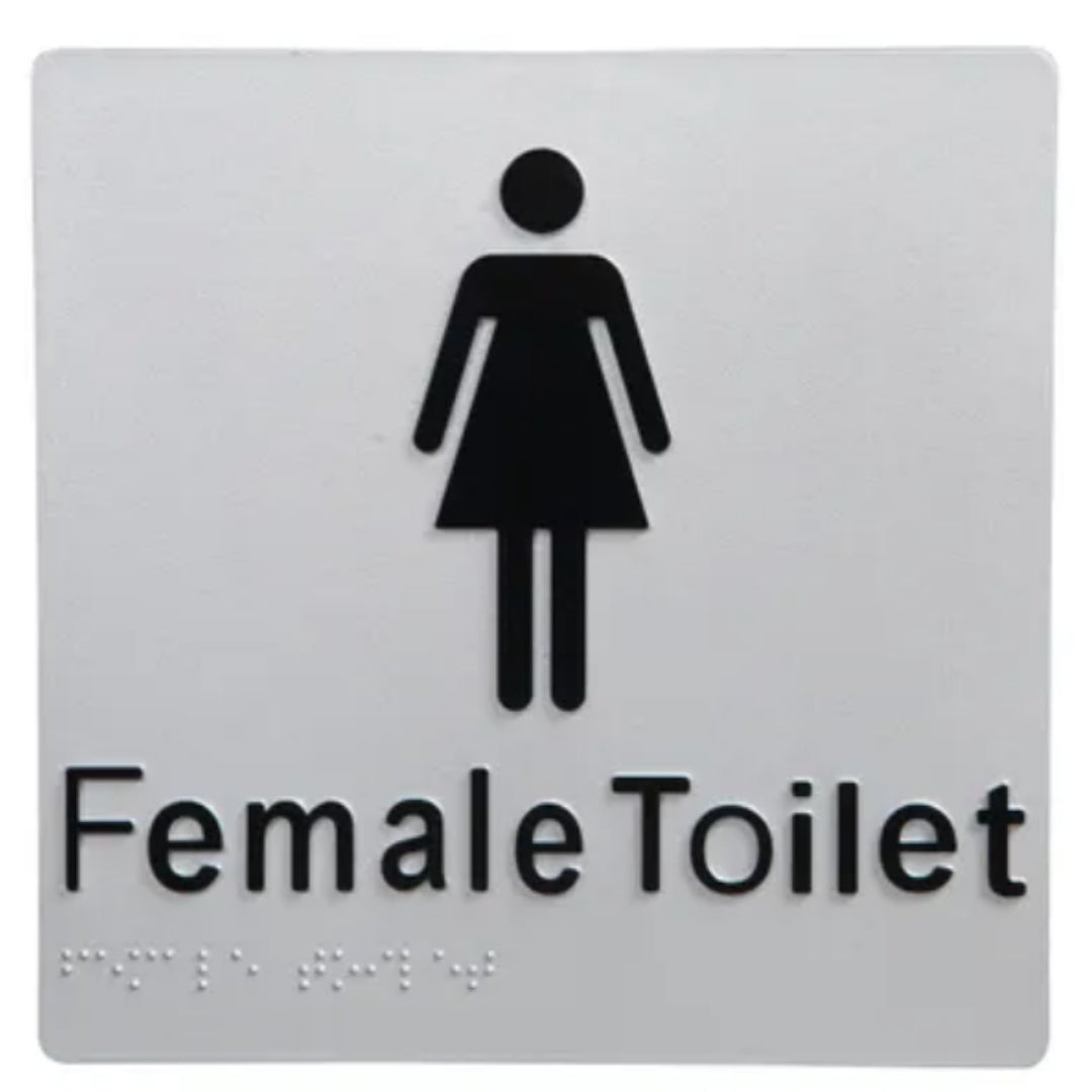 Dolphy UV Protected PVC Female Toilet Braille Sign 180x180x3mm – Silver/Black, AS1428 Compliant Tactile Accessibility Sign