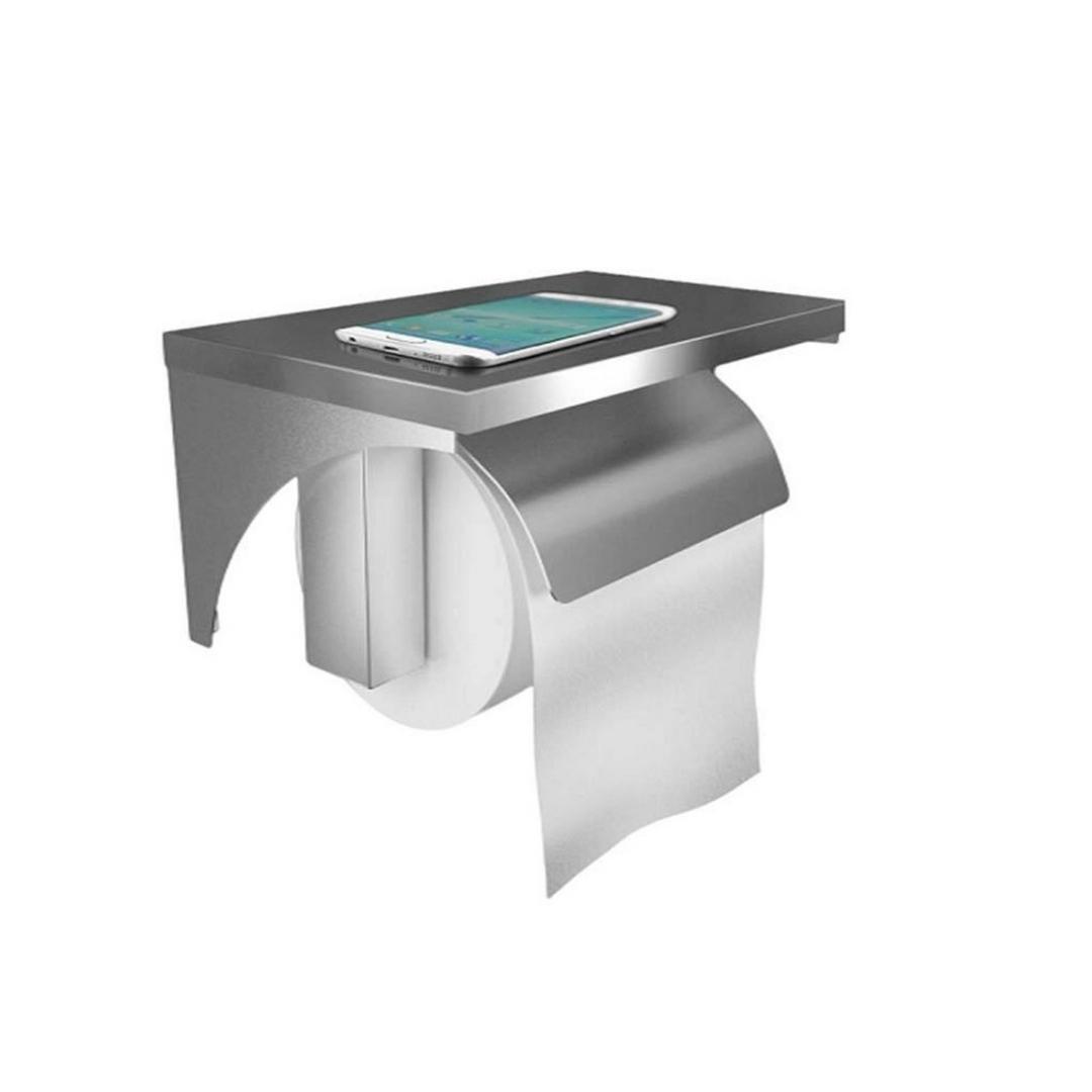 Dolphy Stainless Steel Toilet Roll Holder with Shelf – Brushed Silver Wall Mounted Dispenser, Heavy-Duty Build for Hotels, Bathrooms, and Commercial Use