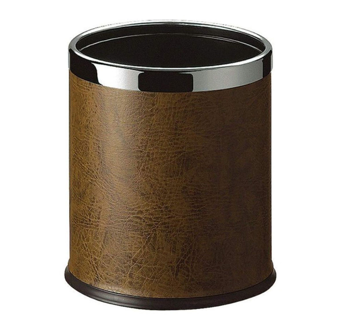 Dolphy Round Leatherette Room Bin 10L – Brown with Stainless Steel Rim, Elegant Waste Solution for Hotels & Resorts